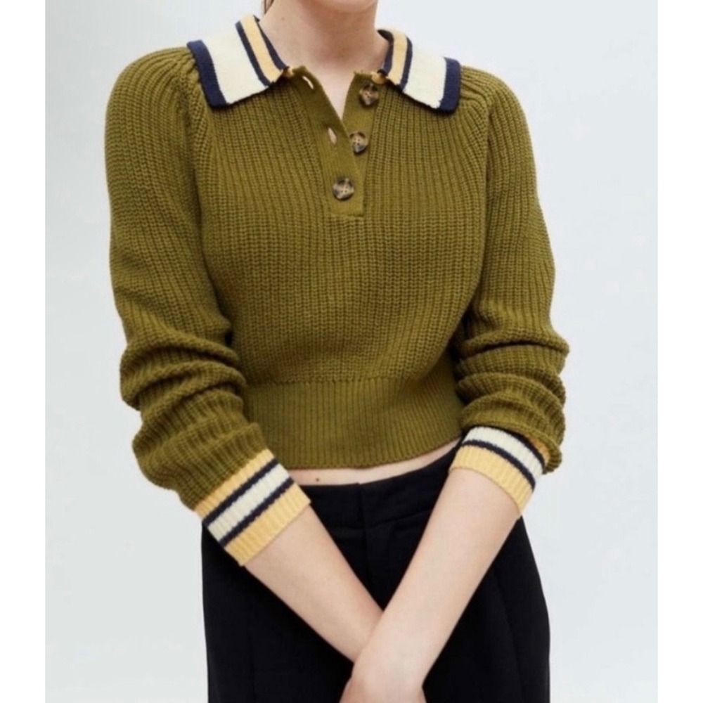 BDG UO Polo Sweater Women Small Olive Green Cropped Shaker Knit Striped Trim